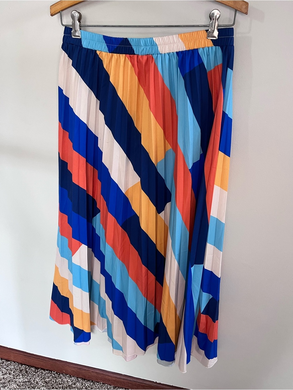 Geometric Block Stripe Pleated Midi Skirt Blue Orange Yellow White Elastic Waist